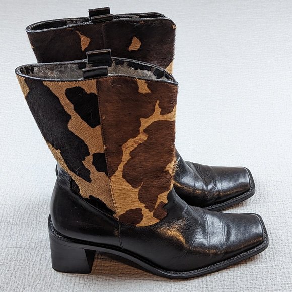 vintage 90s womens Franco Sarto cow print calf hair boots black/tan US 7.5 M - Picture 3 of 7